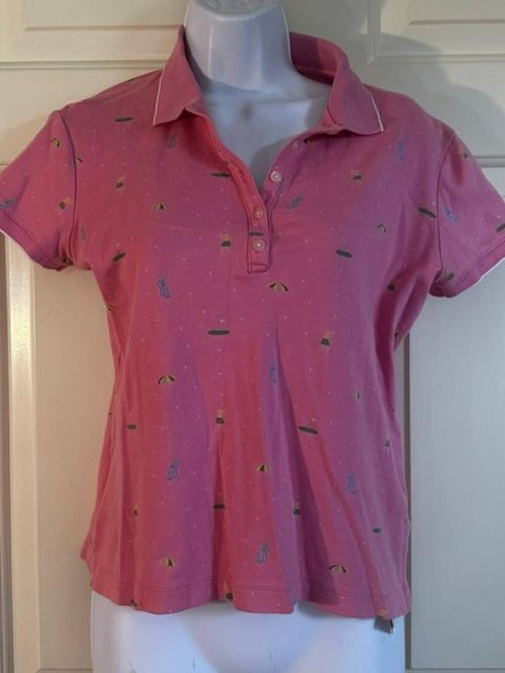 * Jones NY Country Club Pink Short Sleeve Golf Print 4 button Shirt Size M